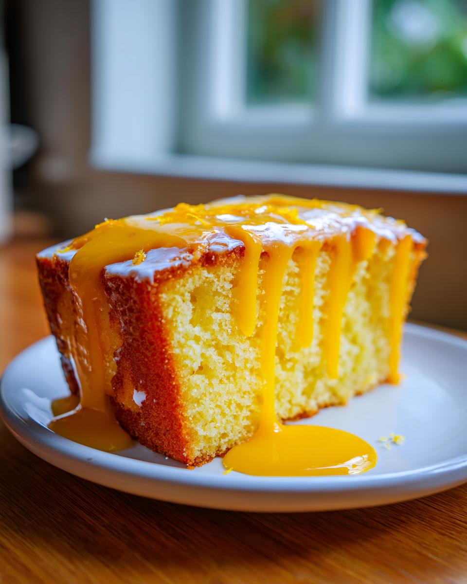 A moist slice of orange juice cake topped with a thick, dripping orange glaze and zest.
