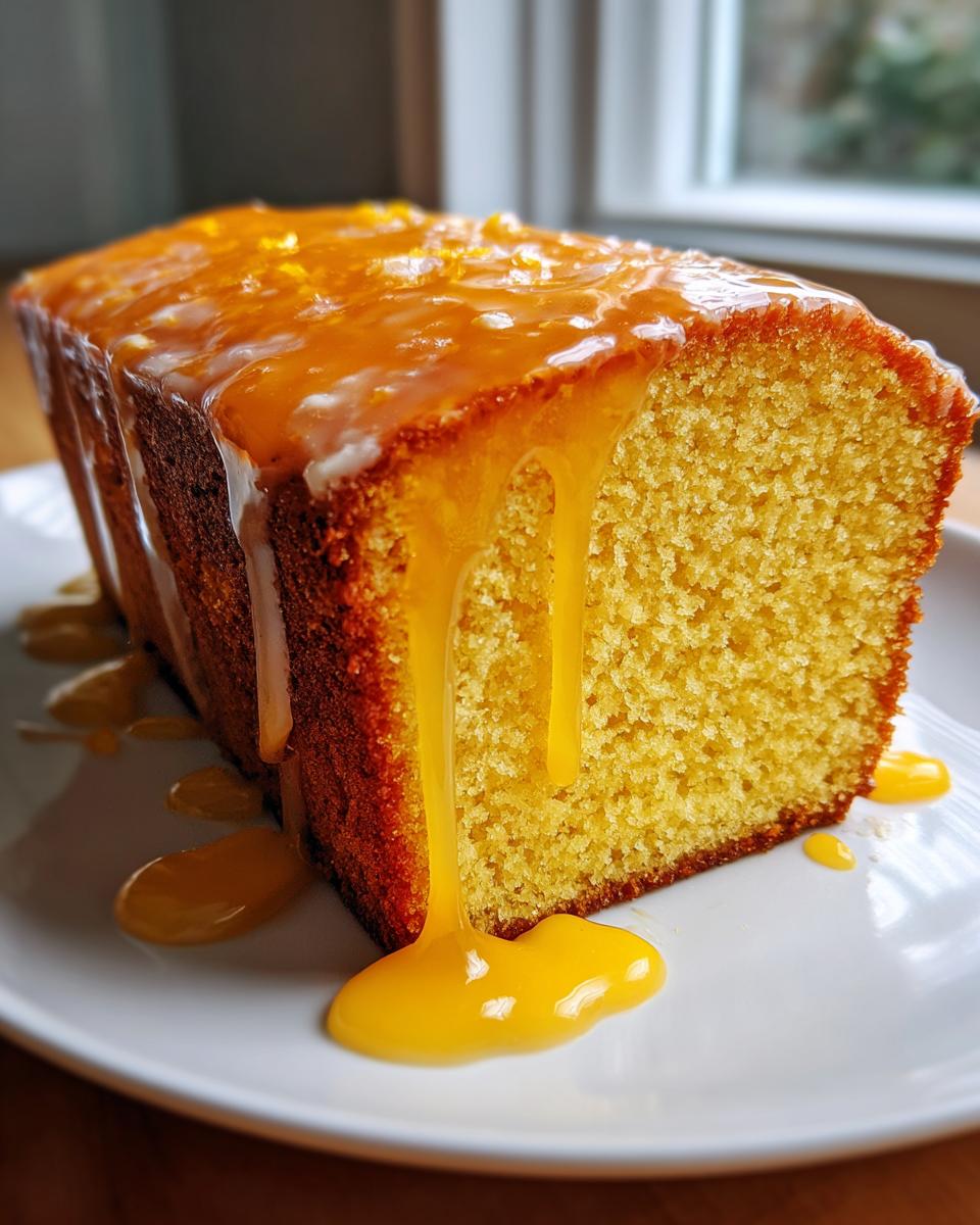 A loaf of moist orange juice cake drizzled heavily with a bright orange glaze dripping onto a white plate.