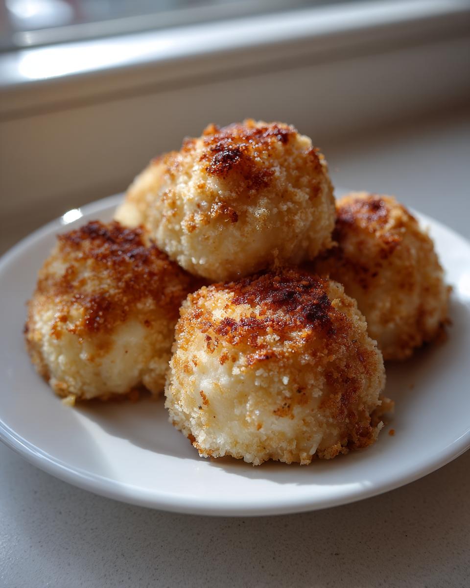 A serving of four golden brown, pan-fried potato dumplings coated in toasted breadcrumbs on a white plate.
