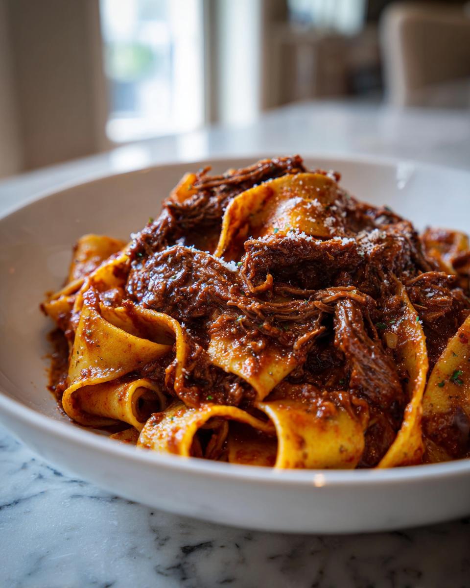 A close-up of wide pappardelle pasta generously topped with rich, shredded beef ragu and grated Parmesan cheese.