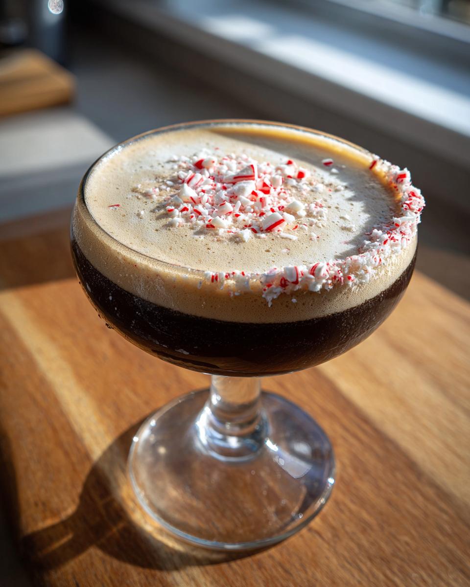 A close-up of a rich peppermint espresso martini garnished with crushed candy canes on the rim and foam.
