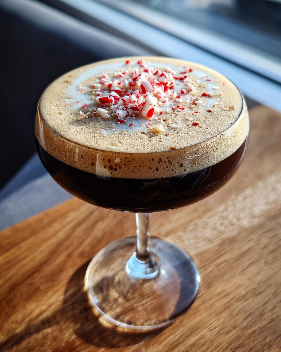 A close-up of a rich peppermint espresso martini topped with creamy foam and crushed candy canes.