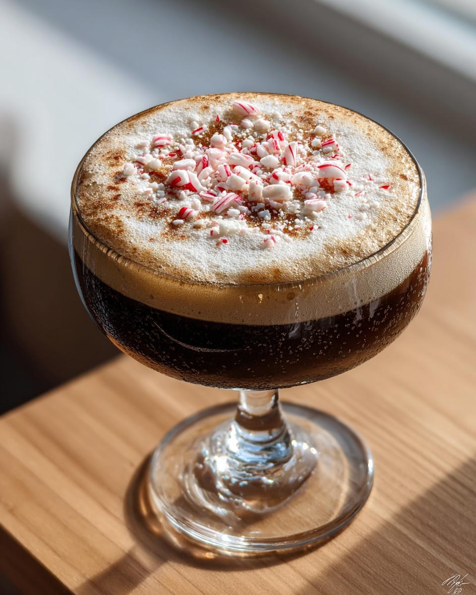 A rich peppermint espresso martini topped with foam and crushed candy canes, ready to drink.