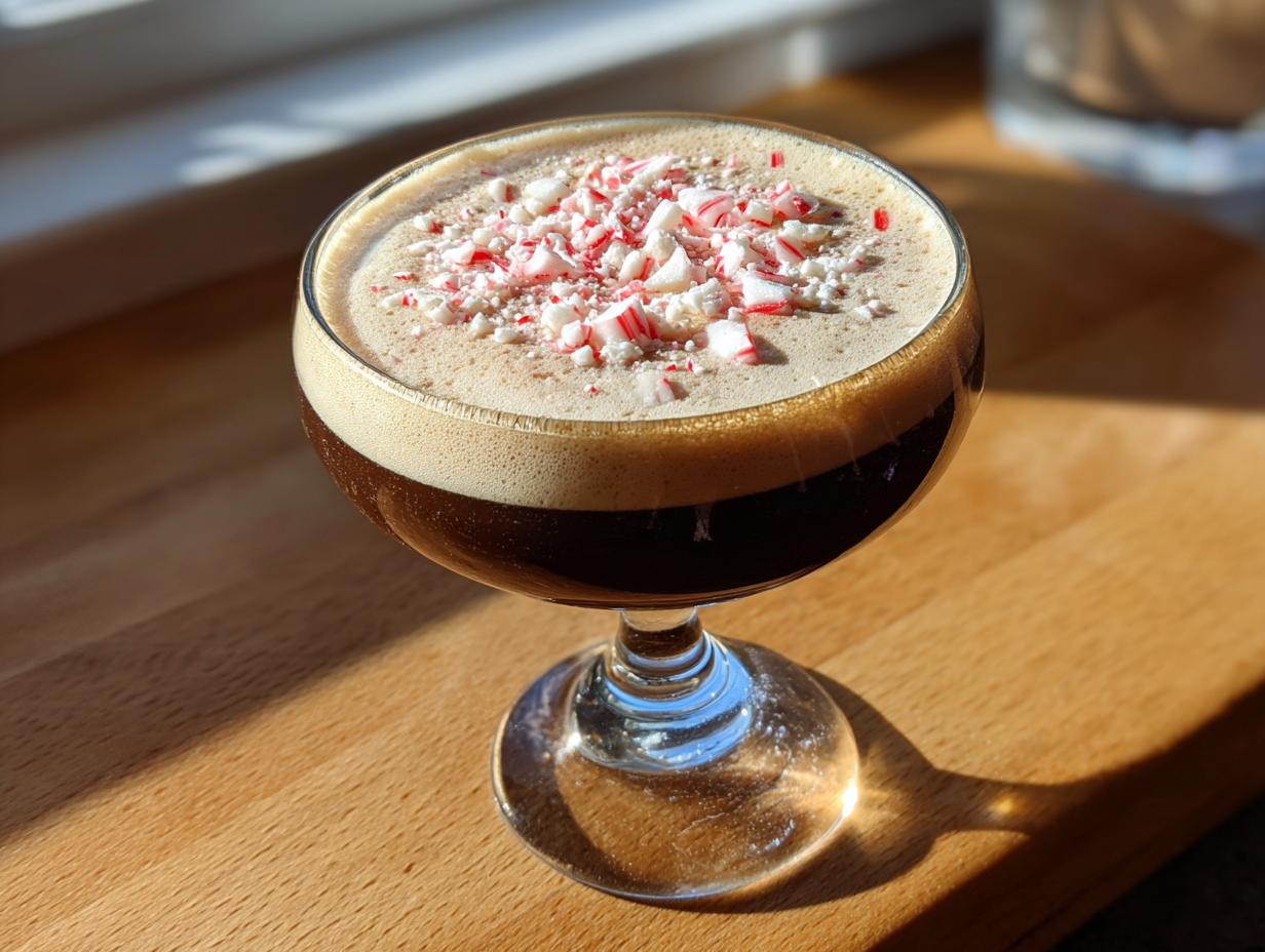 A rich, dark peppermint espresso martini topped with crushed candy canes, sitting on a wooden surface in bright sunlight.