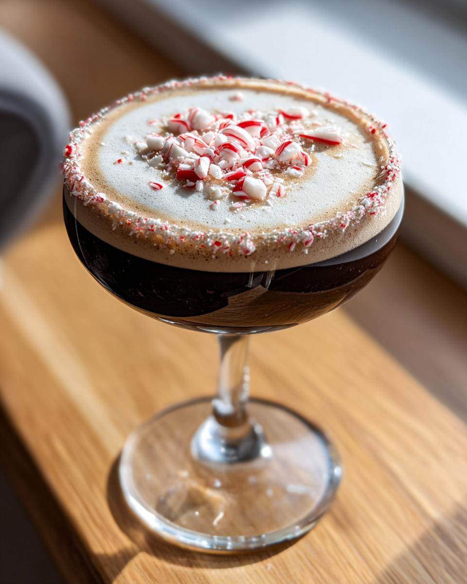 Close-up of a rich peppermint espresso martini topped with foam and crushed candy canes.