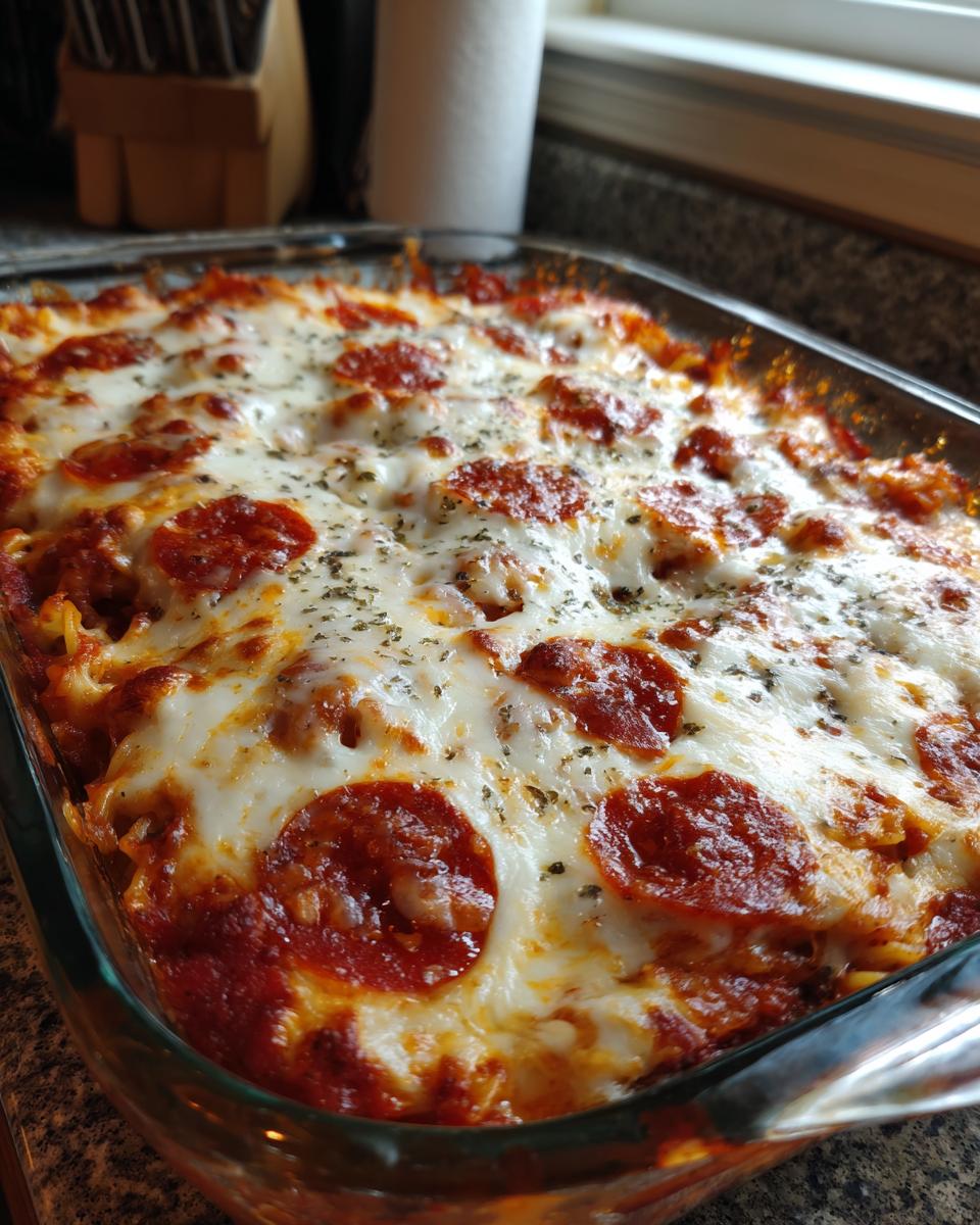 Close-up of a bubbling, cheesy pepperoni pizza casserole baked in a clear glass dish.
