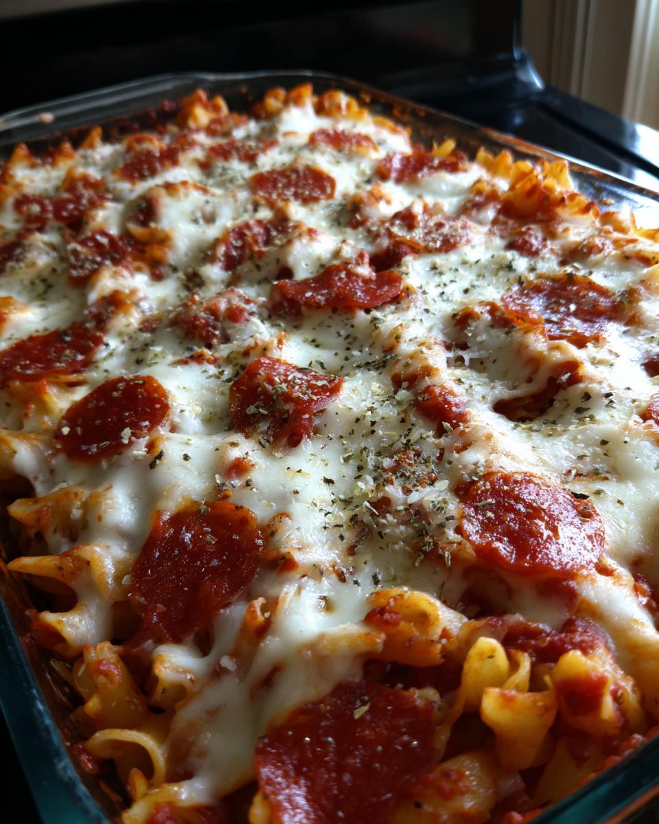 Close-up of a baked pizza casserole topped with melted mozzarella, pepperoni slices, and dried herbs.