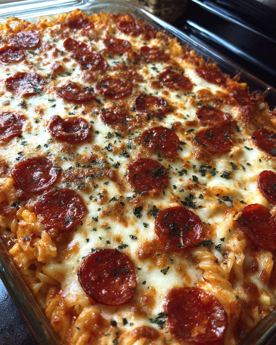 Close-up of a bubbling, cheesy pepperoni pizza casserole baked in a glass dish, topped with herbs.