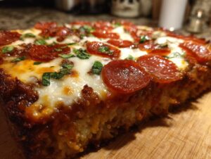 A thick slice of baked pepperoni pizza casserole showing melted cheese, pepperoni, and a textured base.