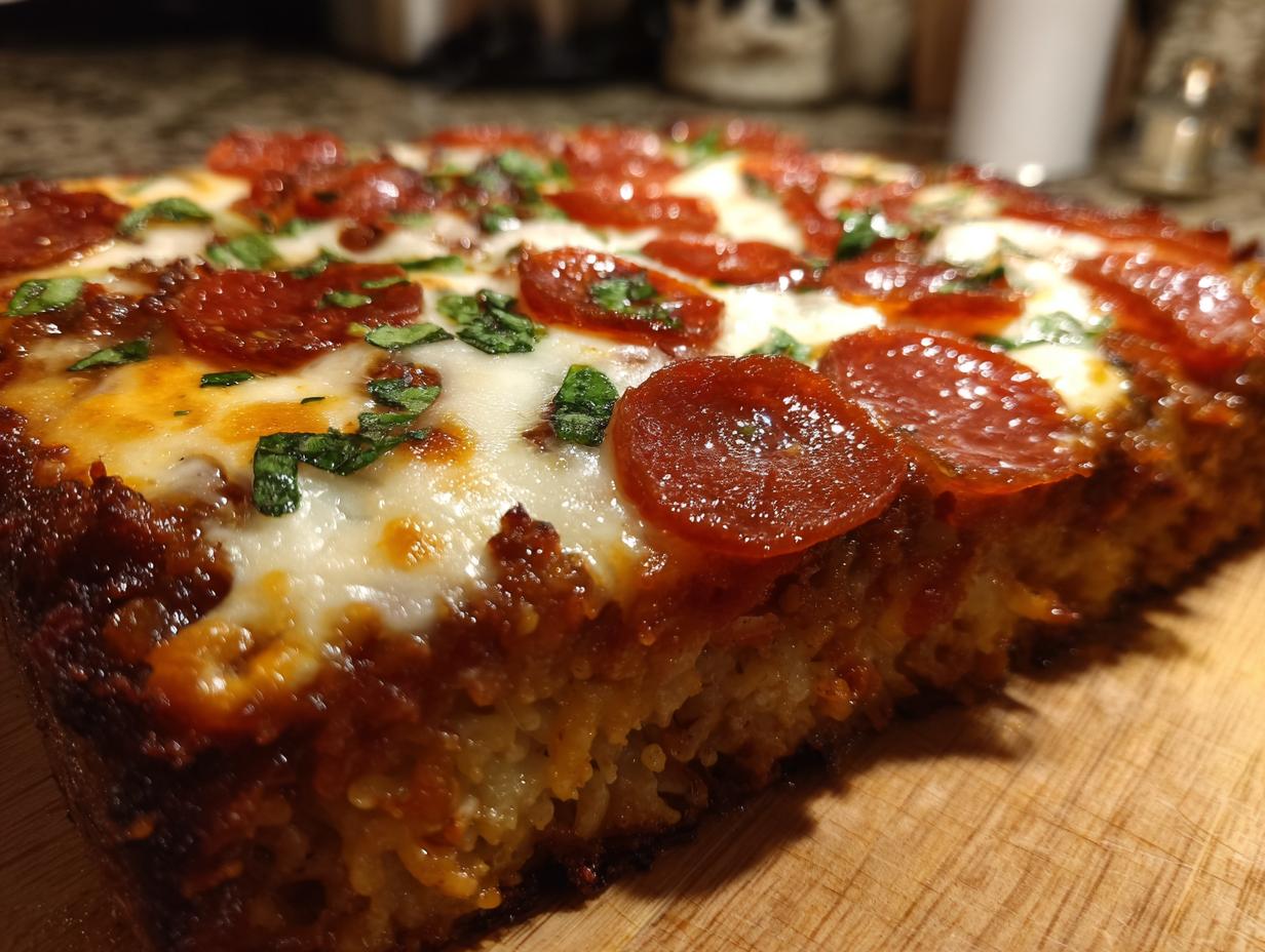 A thick slice of baked pepperoni pizza casserole showing melted cheese, pepperoni, and a textured base.