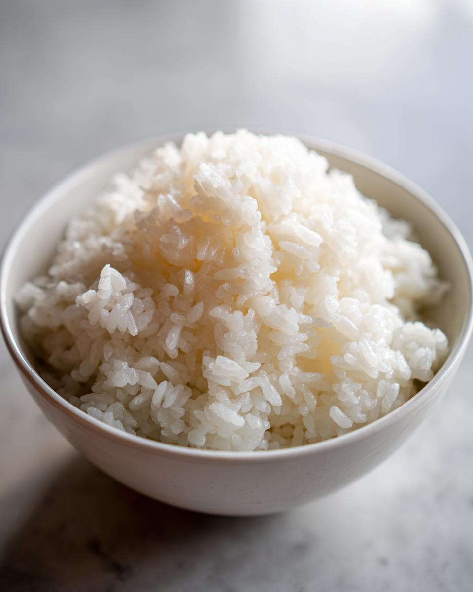 Close-up of perfectly cooked, glossy sushi rice piled high in a small white bowl.