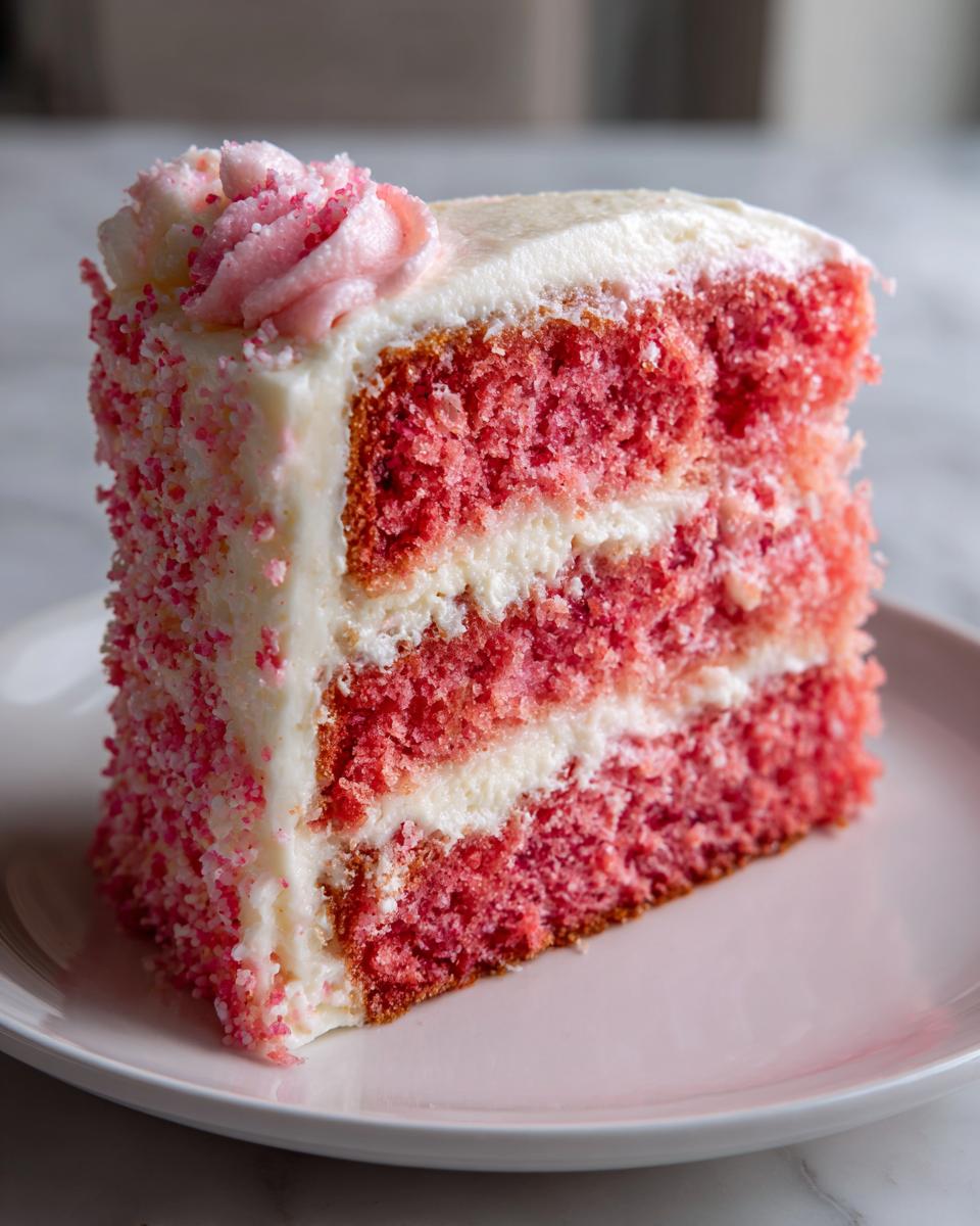 A moist slice of pink layer Cherry cake with white frosting and pink sprinkles on a light pink plate.