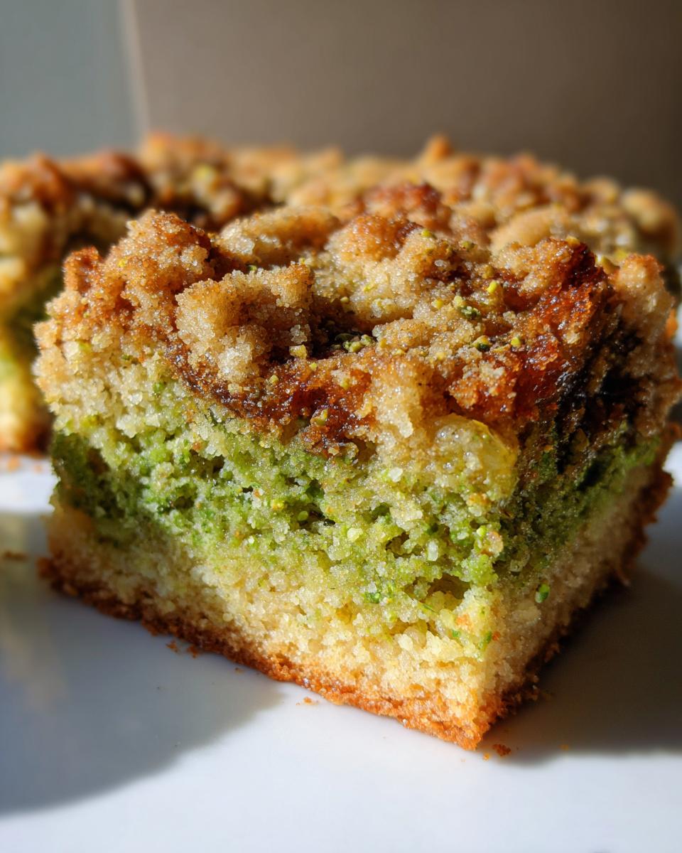A close-up view of a moist slice of pistachio coffee cake showing the vibrant green pistachio layer and a thick, sugary crumb topping.