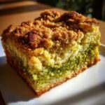 Close-up of a moist slice of pistachio coffee cake showing a vibrant green pistachio swirl and golden brown crumb topping.