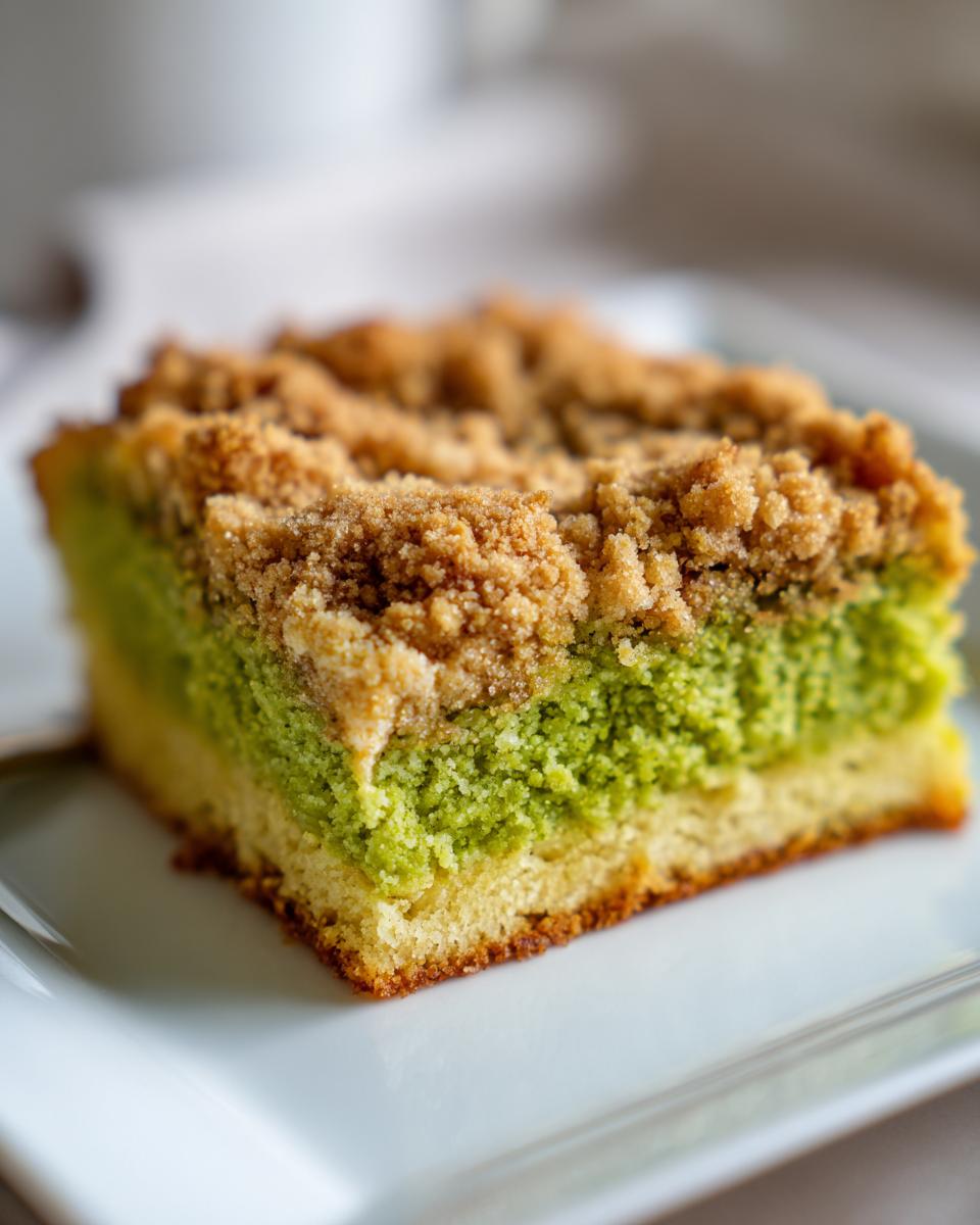 Close-up of a moist slice of pistachio coffee cake featuring a vibrant green layer and a thick, golden brown streusel topping.