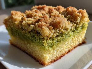 Close-up of a moist slice of pistachio coffee cake showing a bright green pistachio layer and golden crumb topping.