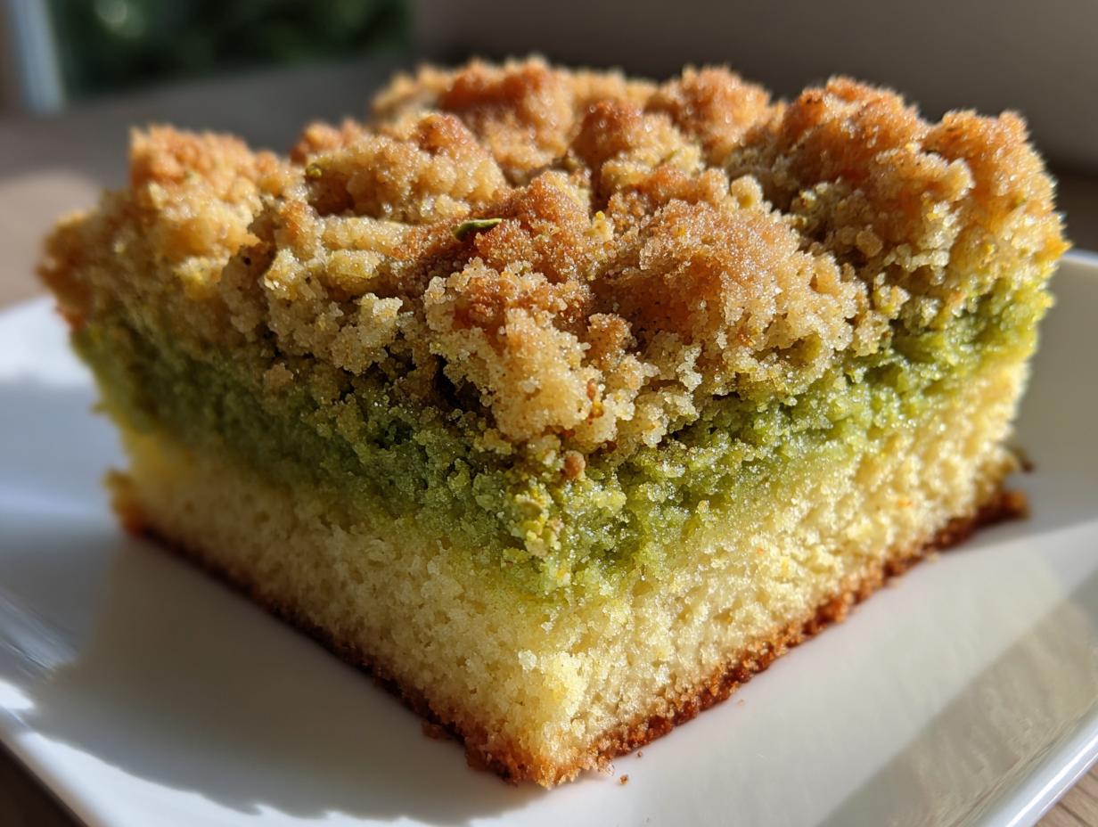 Close-up of a moist slice of pistachio coffee cake showing a bright green pistachio layer and golden crumb topping.