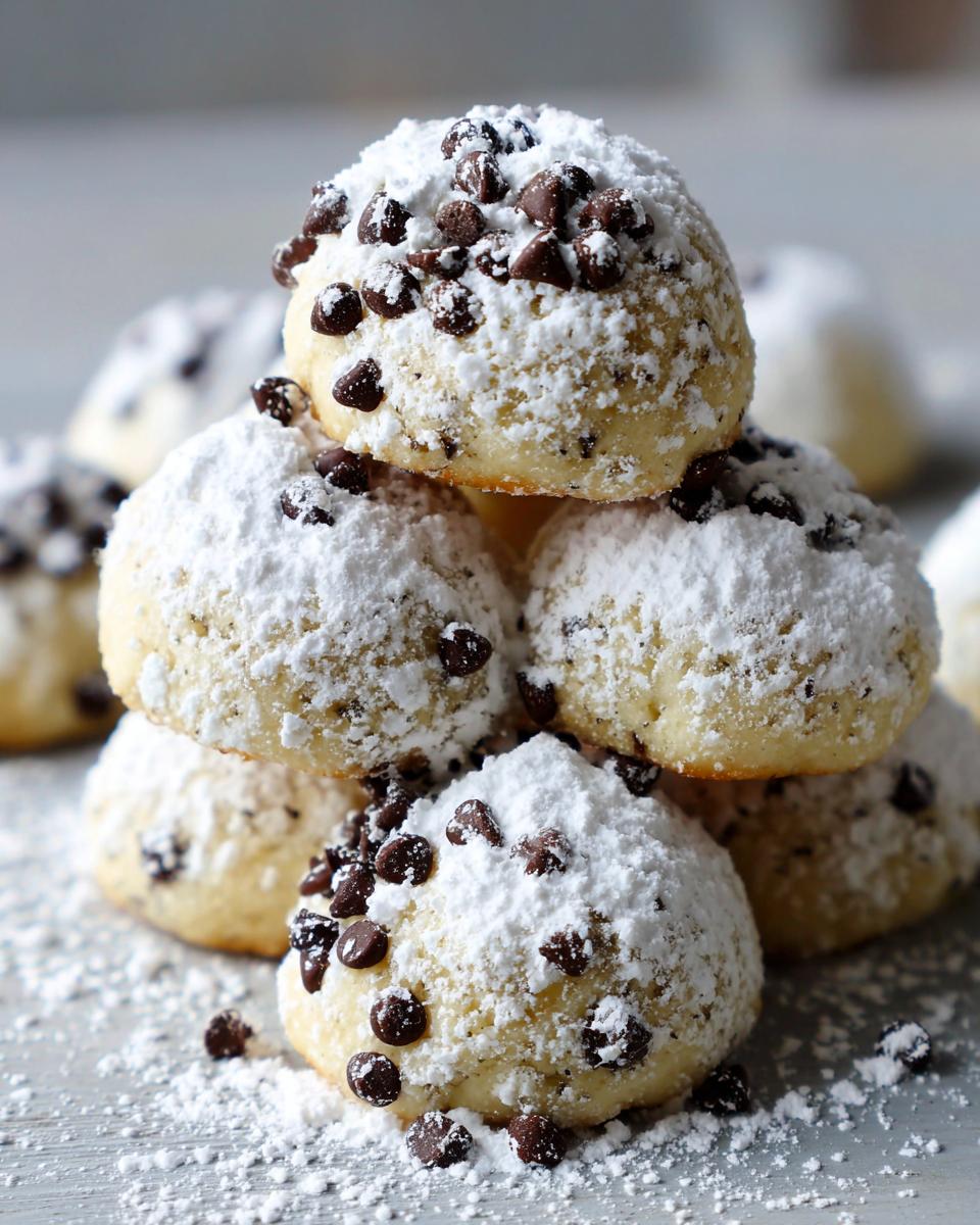 A close-up stack of soft cannoli cookies dusted heavily with powdered sugar and mini chocolate chips.