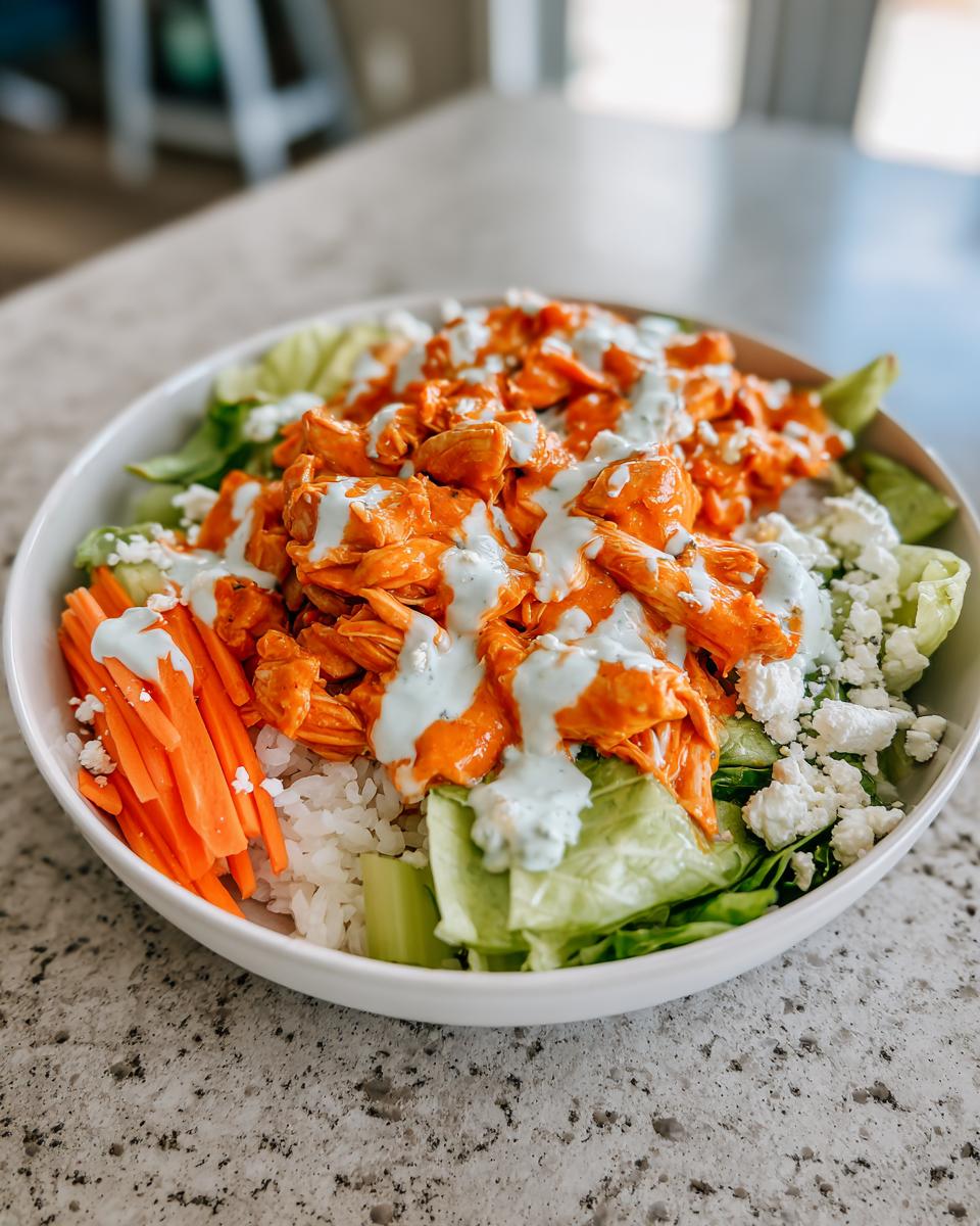 A close-up of a vibrant buffalo chicken bowl topped with blue cheese dressing, feta, carrots, and lettuce.