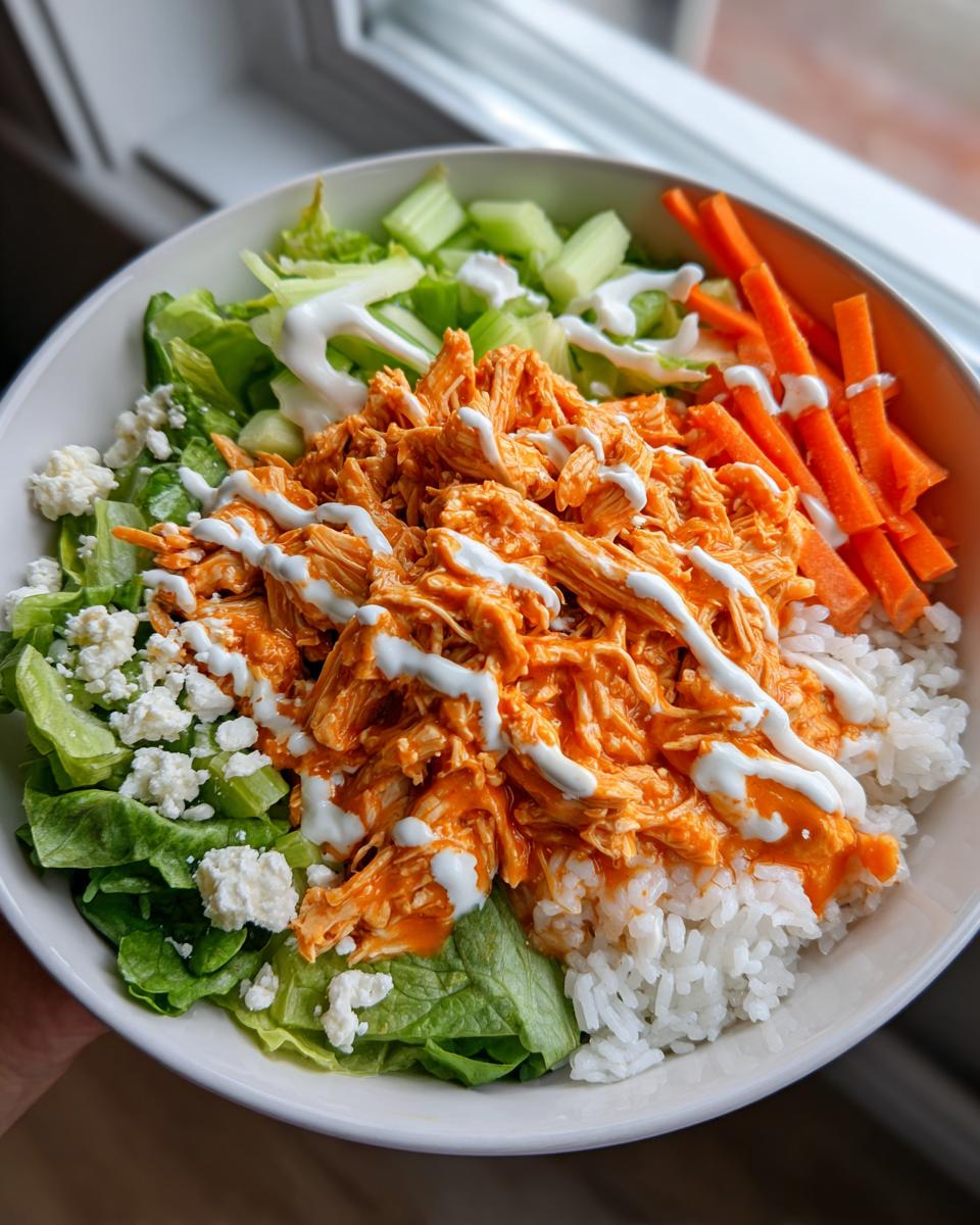 A vibrant bowl featuring shredded buffalo chicken over rice, topped with ranch dressing, celery, carrots, lettuce, and blue cheese crumbles.