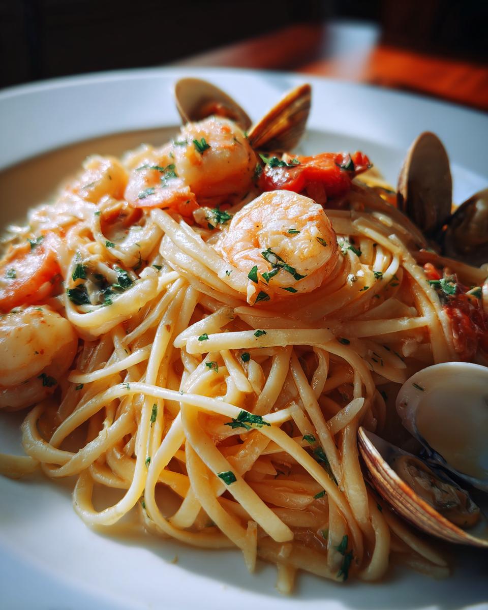 A close-up, beautifully lit serving of seafood pasta featuring linguine, plump shrimp, and clams in a light sauce.