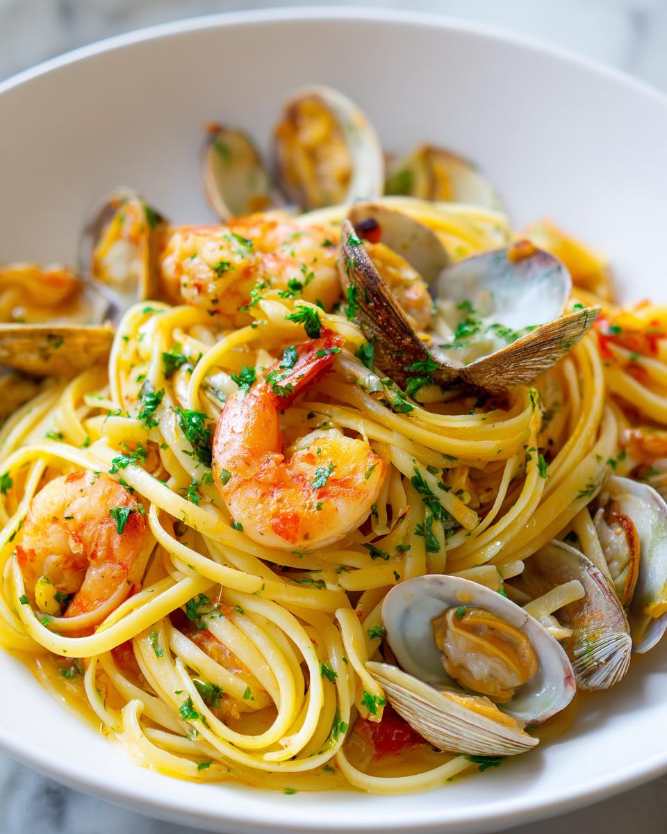 A close-up shot of linguine seafood pasta featuring plump shrimp and open clams, tossed in a light sauce and garnished with parsley.