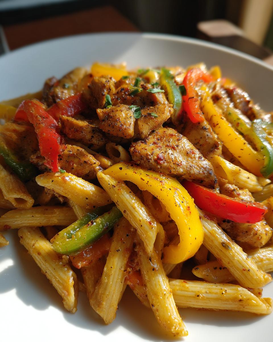 A close-up view of creamy Rasta pasta mixed with seasoned chicken pieces and colorful bell pepper strips (red, yellow, green).