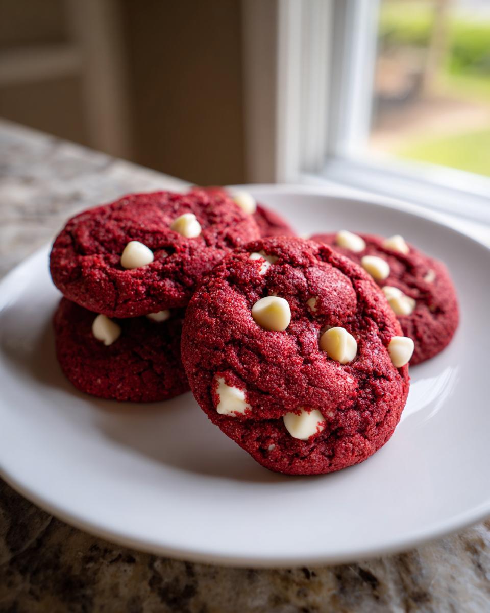 A stack of four vibrant red velvet cake mix cookies studded with white chocolate chips on a white plate.