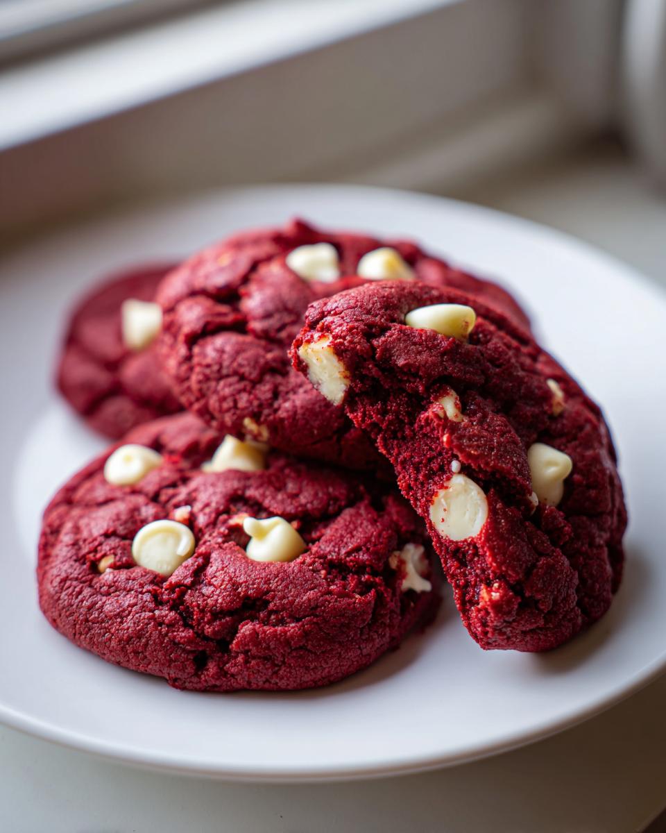 A stack of vibrant red velvet cake mix cookies studded with white chocolate chips, one cookie broken open.
