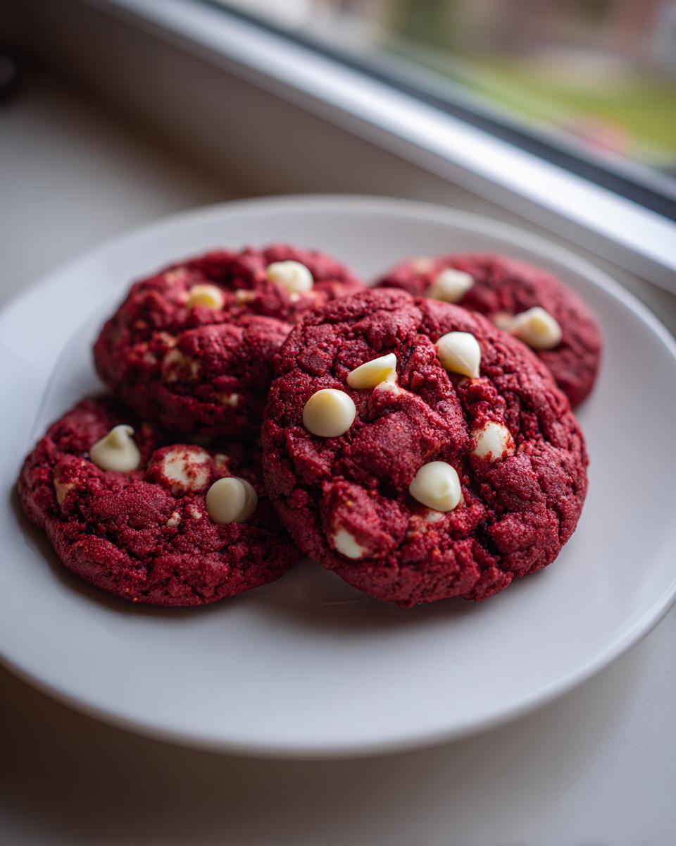 Four rich, deep red velvet cake mix cookies studded with white chocolate chips, resting on a white plate.