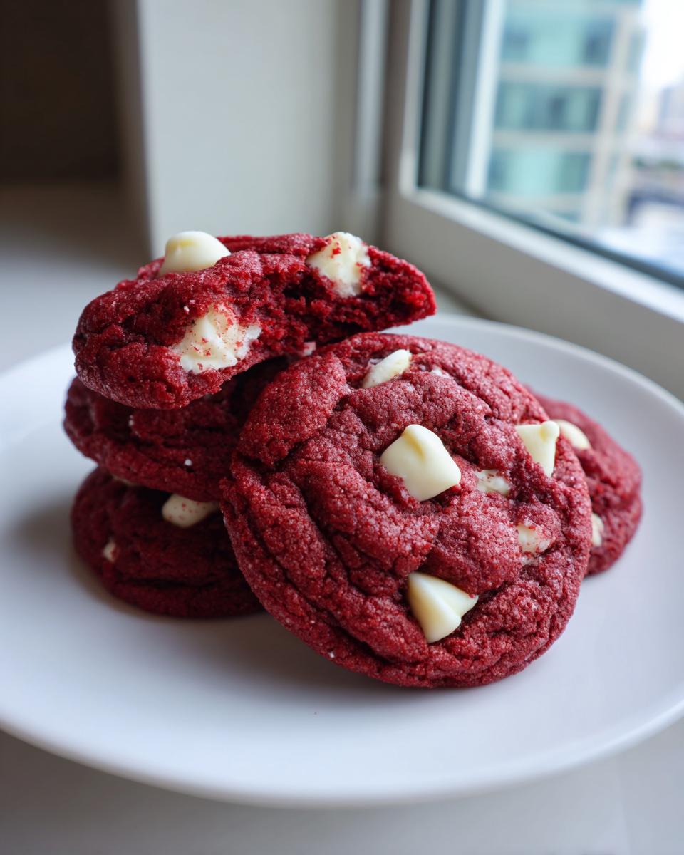 A stack of soft, chewy red velvet cake mix cookies studded with white chocolate chips, one cookie broken open.