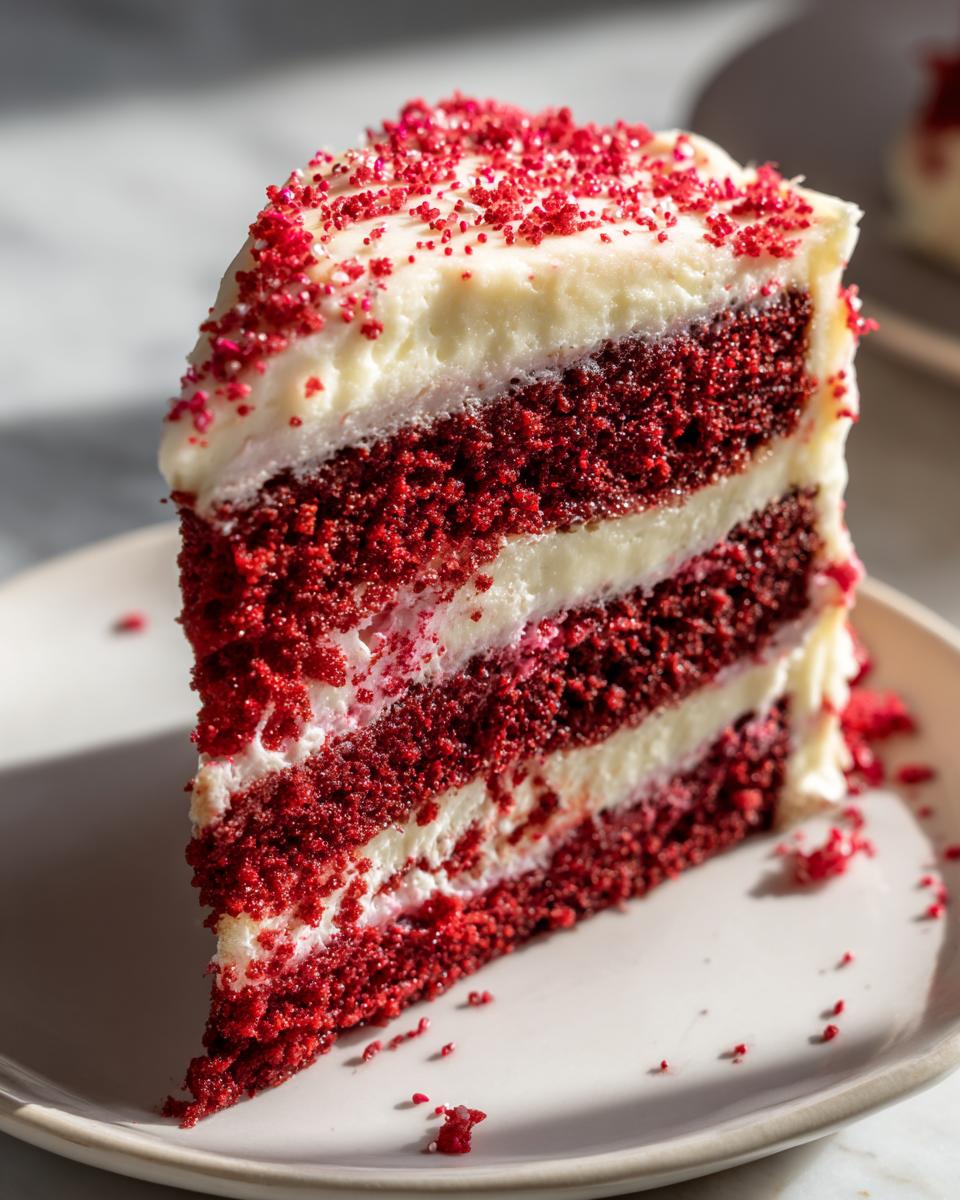 A tall, moist slice of red velvet poke cake layered with white frosting and topped with red sprinkles.