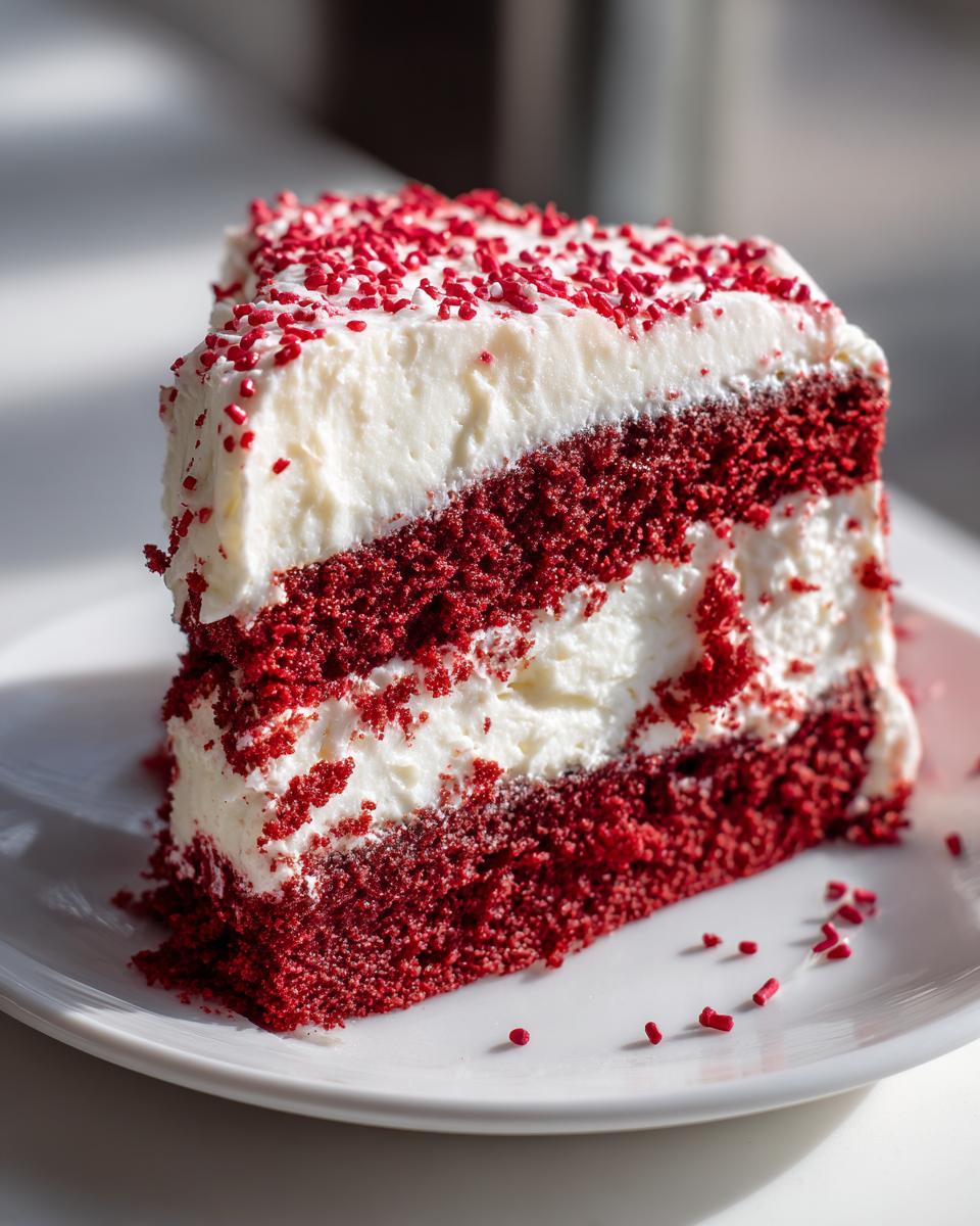A tall, moist slice of red velvet poke cake layered with white filling and topped with red sprinkles.