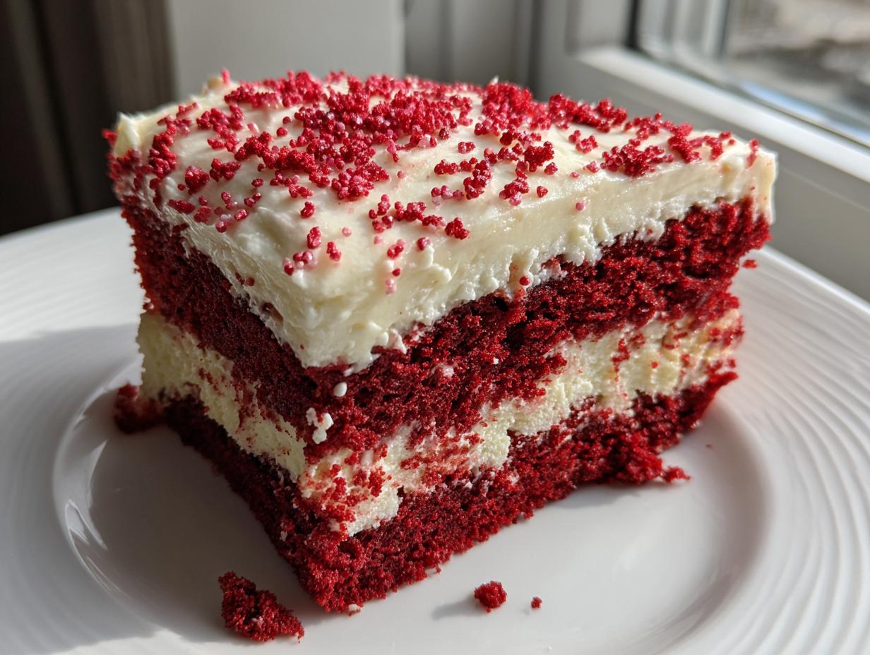 A close-up of a decadent slice of red velvet poke cake layered with white filling and topped with cream cheese frosting and red sprinkles.