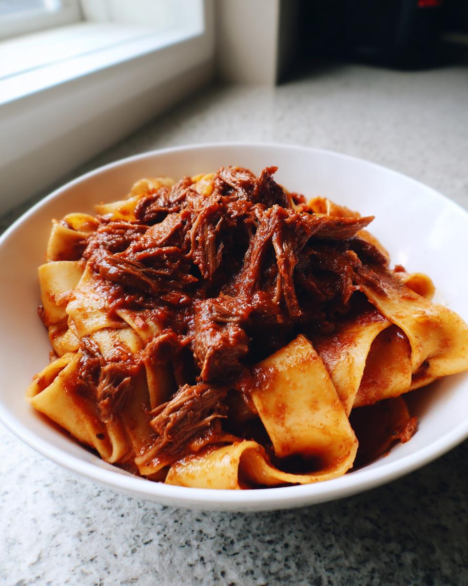 A white bowl filled with wide pappardelle pasta topped generously with rich, shredded beef ragu sauce.