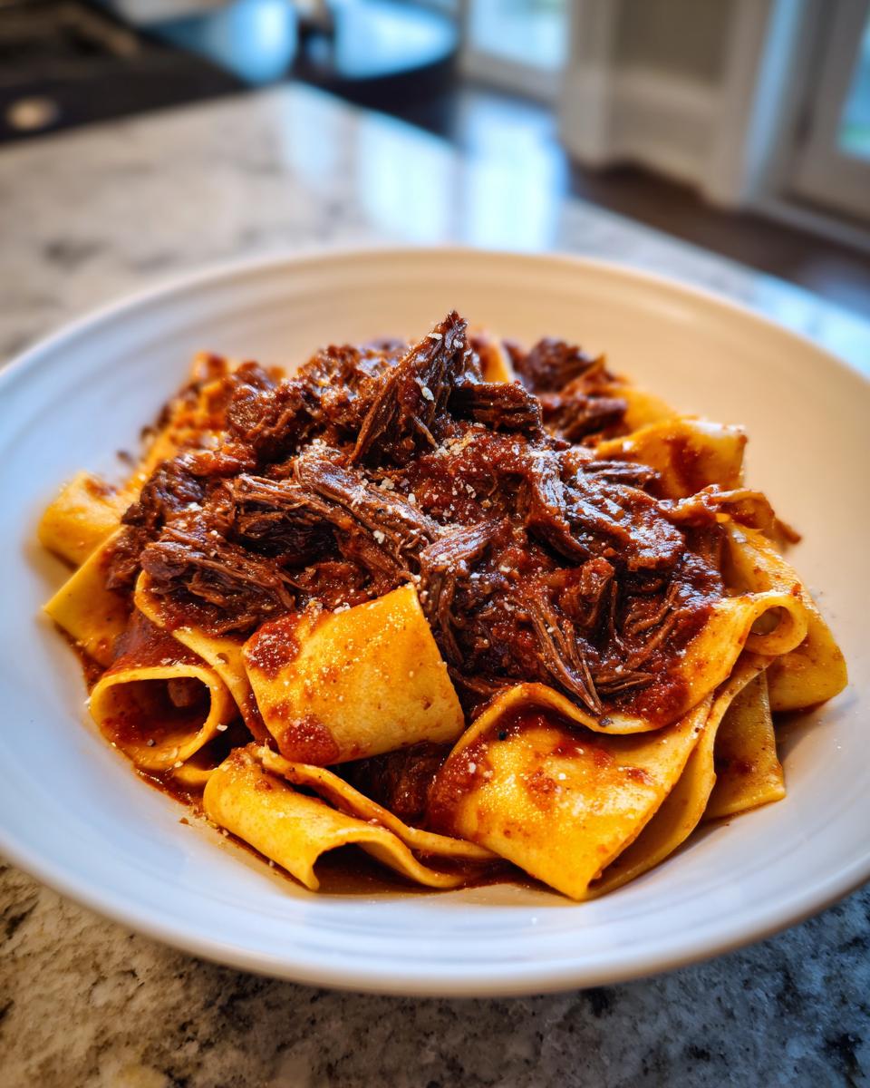 Close-up of a bowl of pappardelle pasta generously topped with shredded, rich beef ragu and grated cheese.