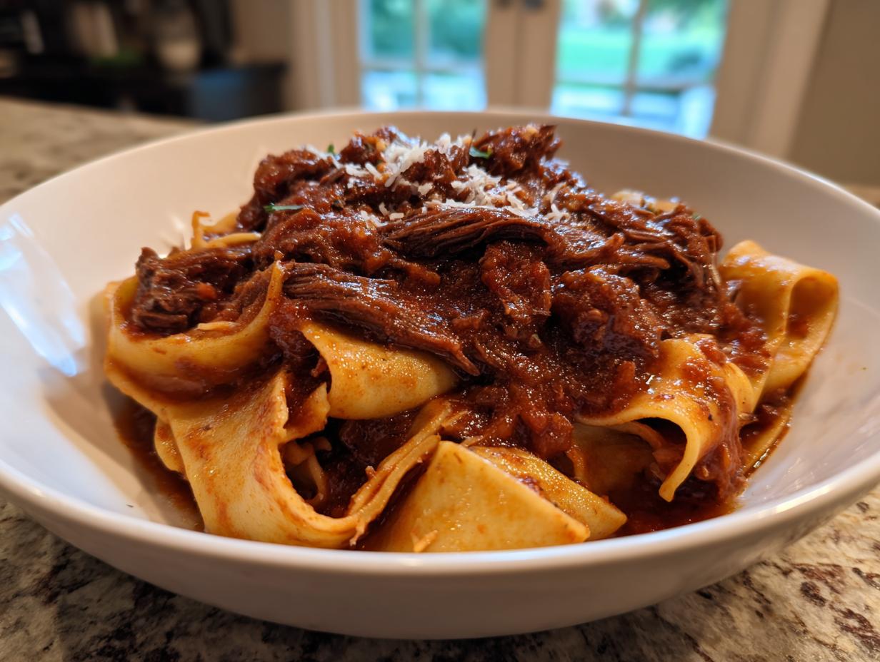 A close-up of rich, shredded beef ragu generously spooned over wide pappardelle pasta, topped with grated cheese.