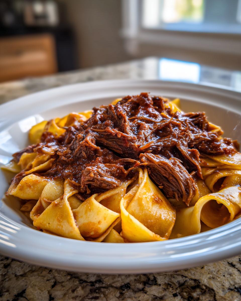Close-up of a white bowl filled with wide pappardelle pasta topped generously with rich, shredded beef ragu.
