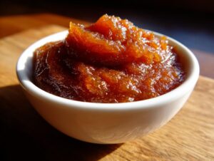 A close-up of thick, dark amber homemade pear butter served in a small white bowl.