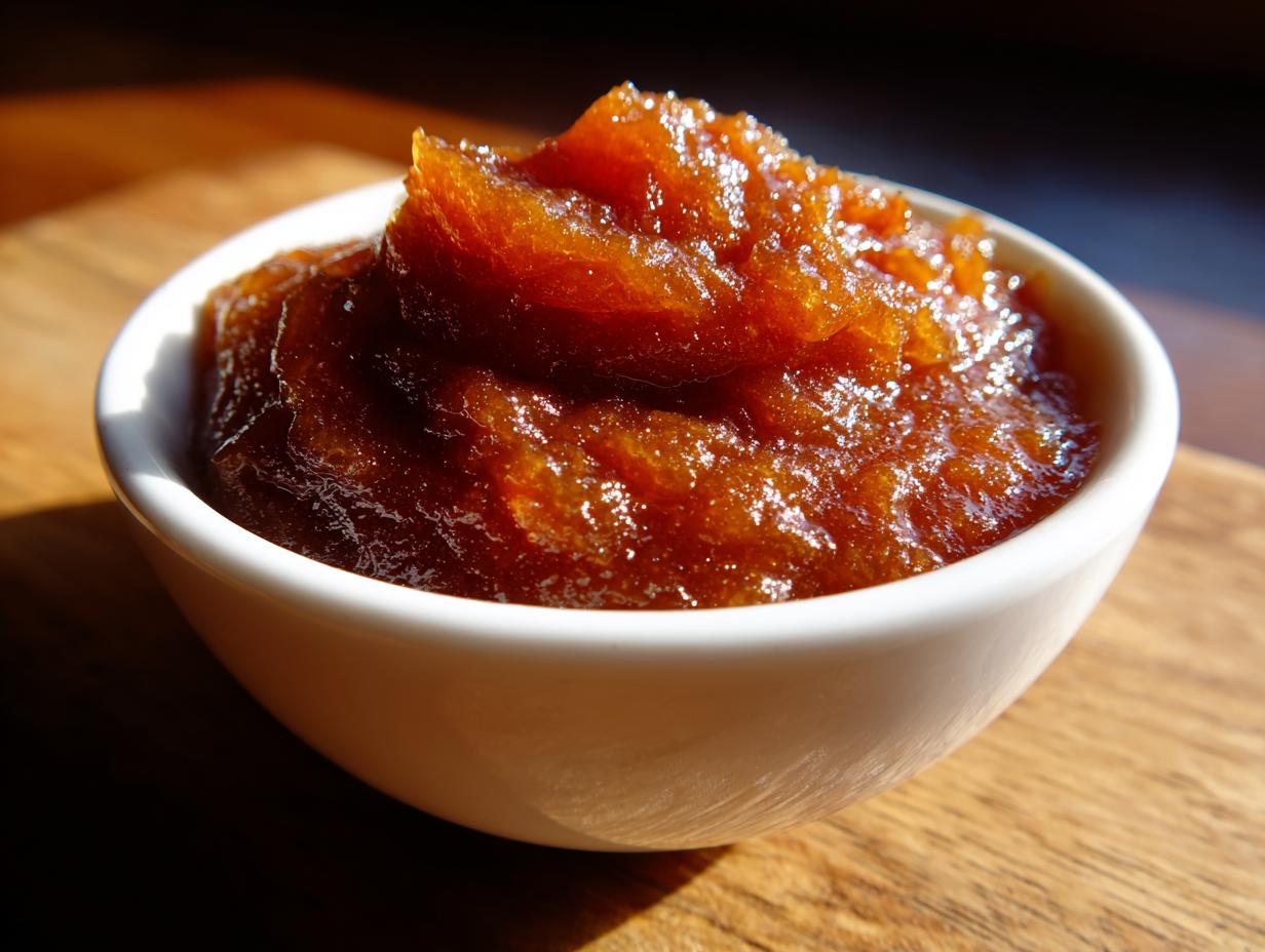 A close-up of thick, dark amber homemade pear butter served in a small white bowl.