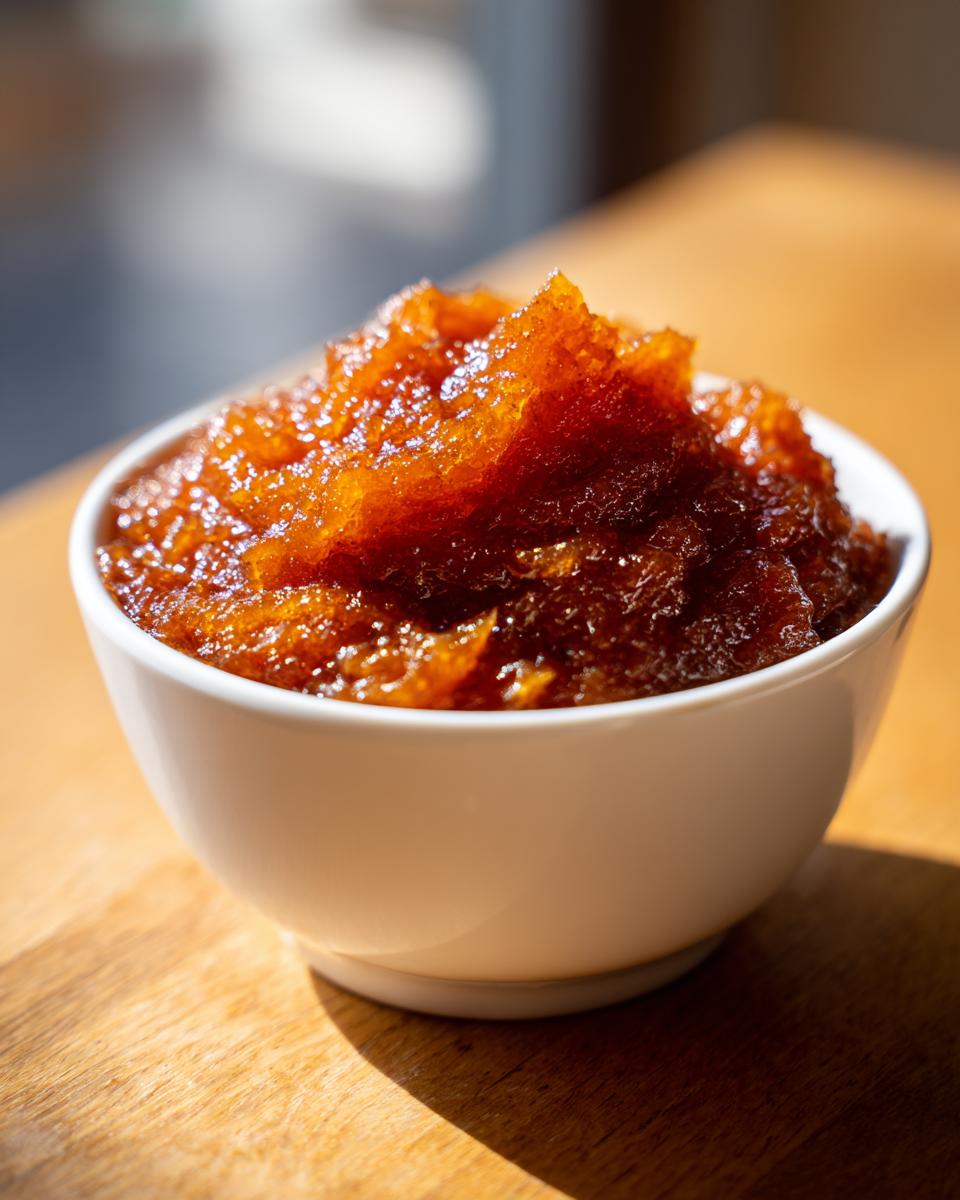 A close-up of thick, dark amber pear butter piled high in a small white bowl on a wooden surface.