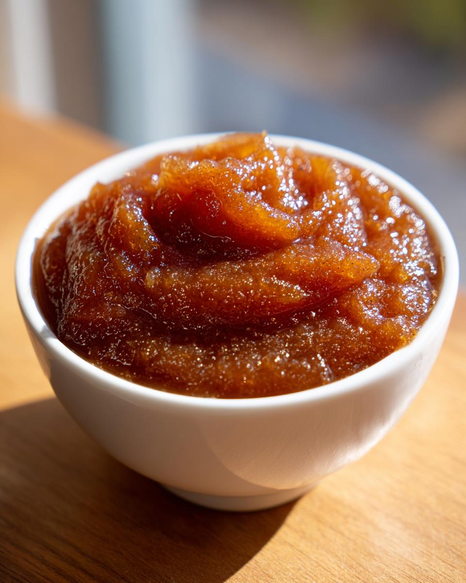 Close-up of thick, rich brown pear butter served in a small white bowl on a wooden surface.