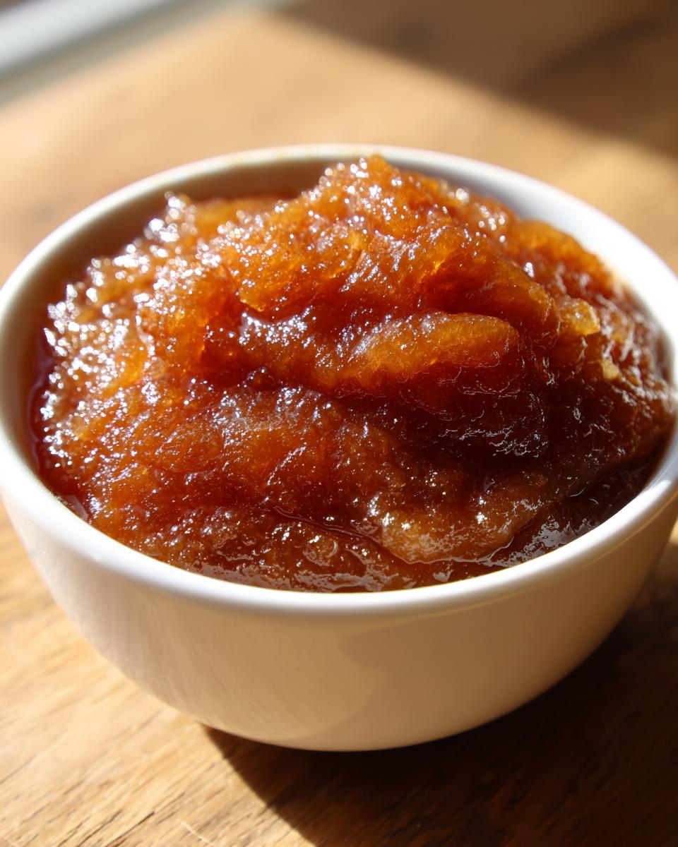 Close-up of thick, glossy, dark amber pear butter served in a small white bowl on a wooden surface.