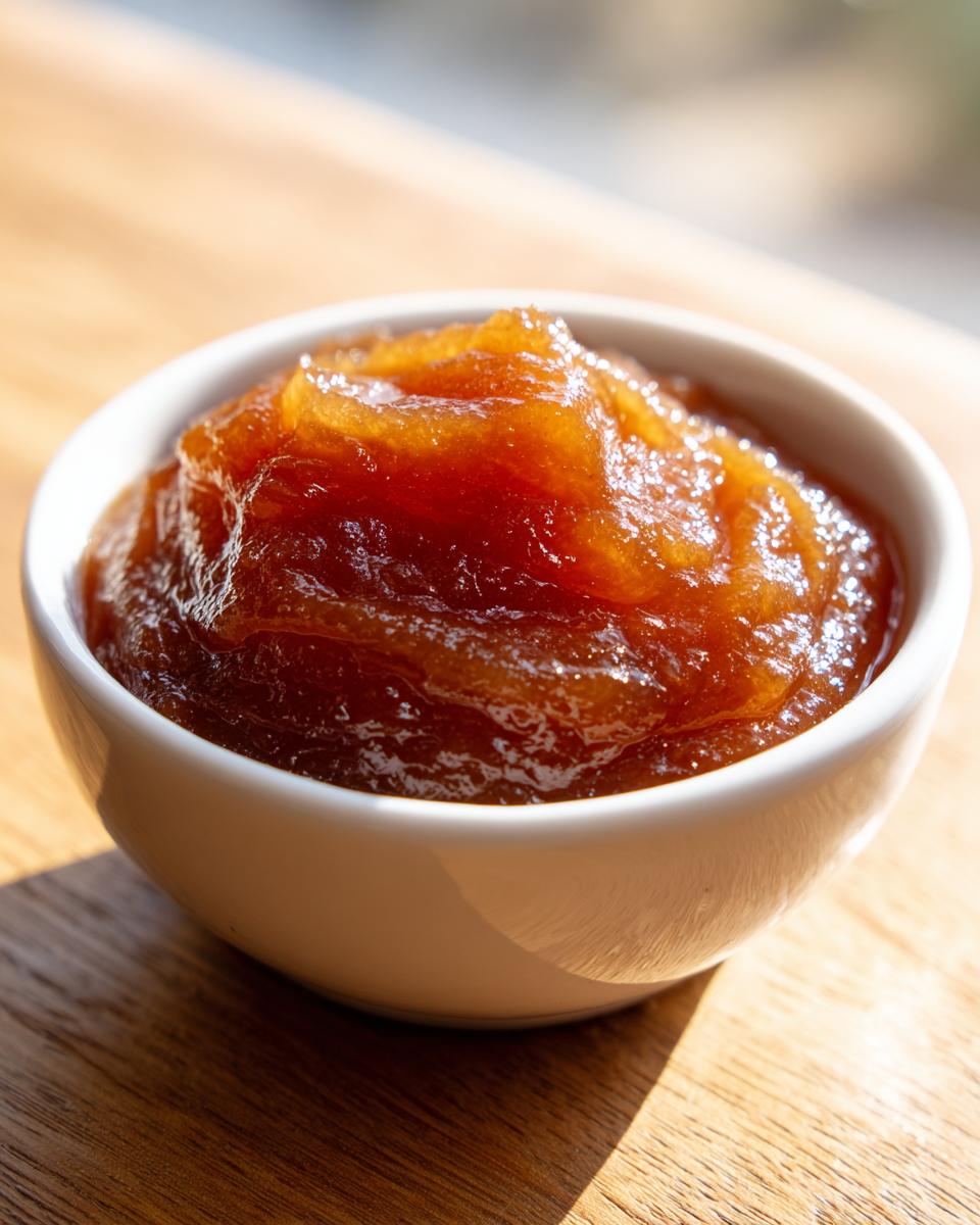 Close-up of thick, rich brown pear butter served in a small white bowl on a wooden surface.