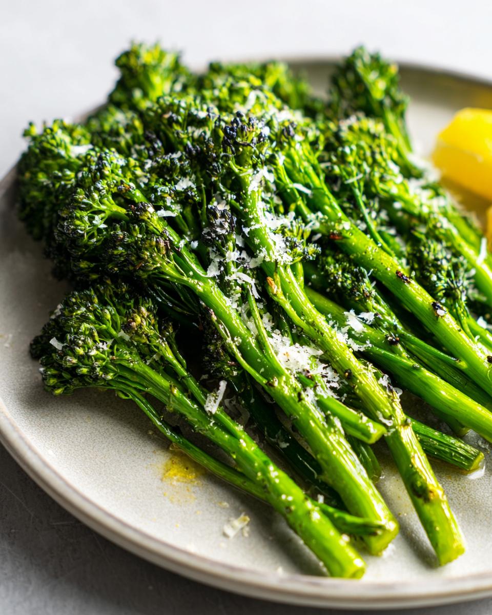 Close-up of bright green roasted broccolini topped with grated Parmesan cheese and a lemon wedge nearby.