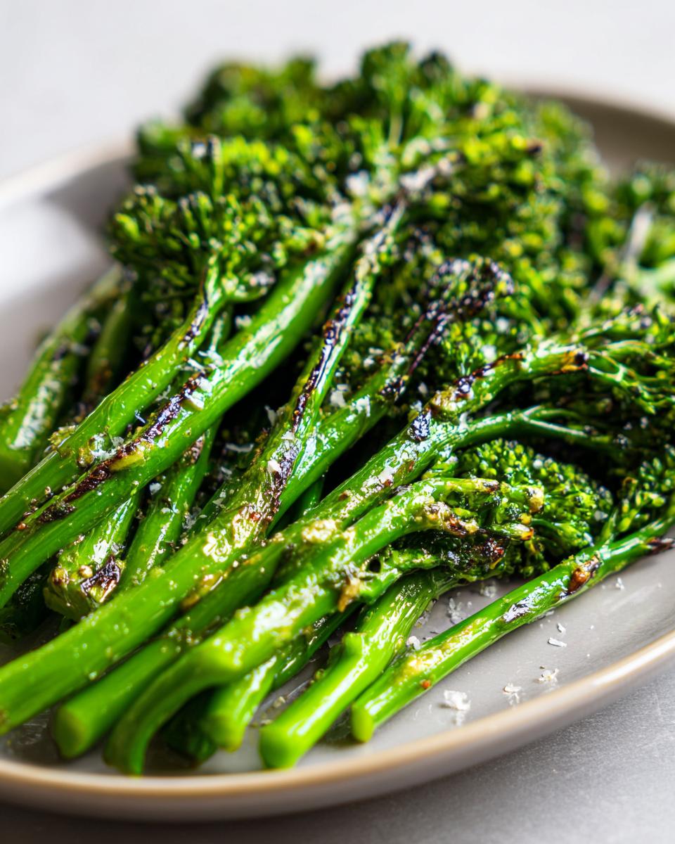 Close-up of bright green, roasted broccolini stalks seasoned with garlic and sprinkled with cheese.