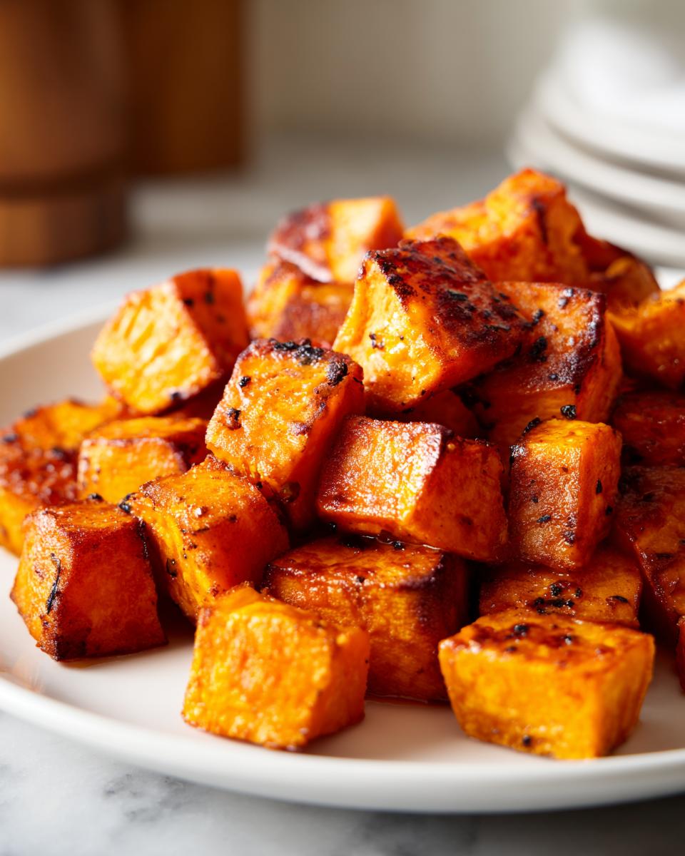 Close-up of a pile of perfectly caramelized roasted sweet potatoes cubes on a white plate.