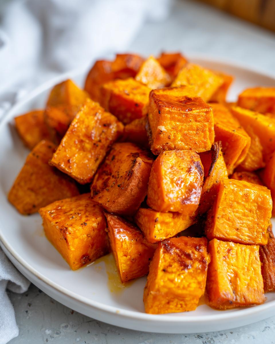 Close-up of perfectly caramelized roasted sweet potatoes cubes piled high on a white plate.
