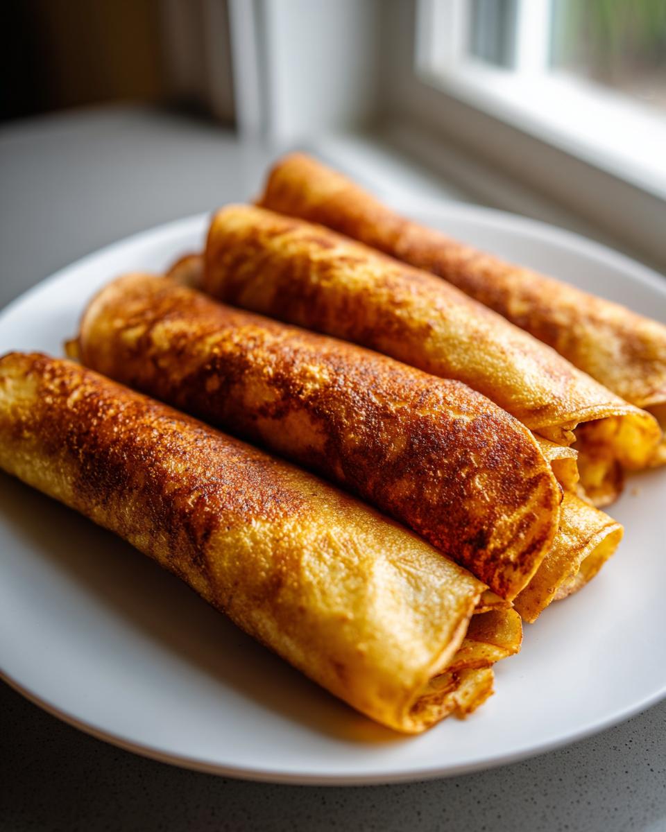 Four golden-brown rolled tortillas, likely for potato tacos, stacked on a white plate near a window.