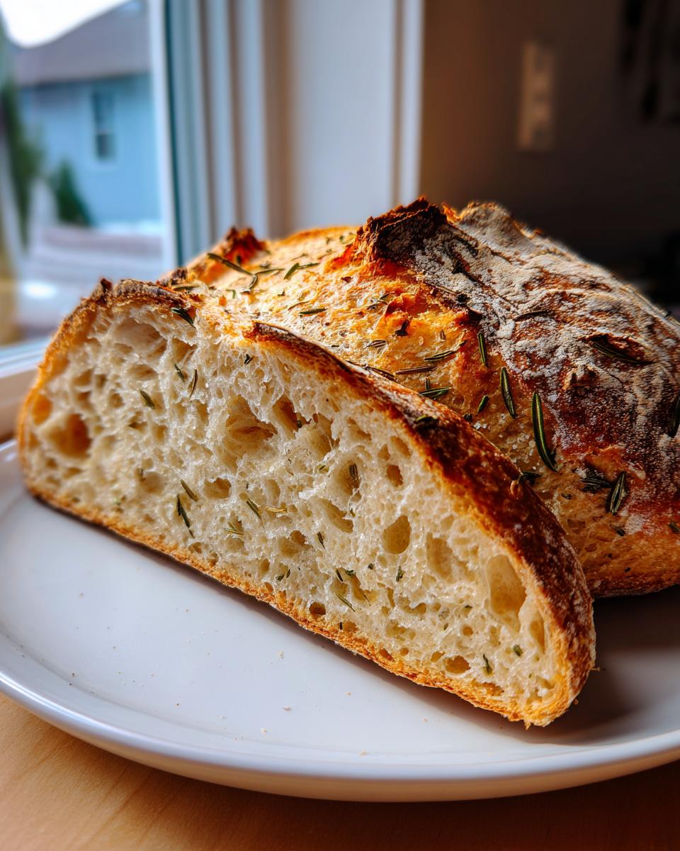 Close-up of a sliced rosemary artisan bread showing an open, airy crumb structure and golden crust.